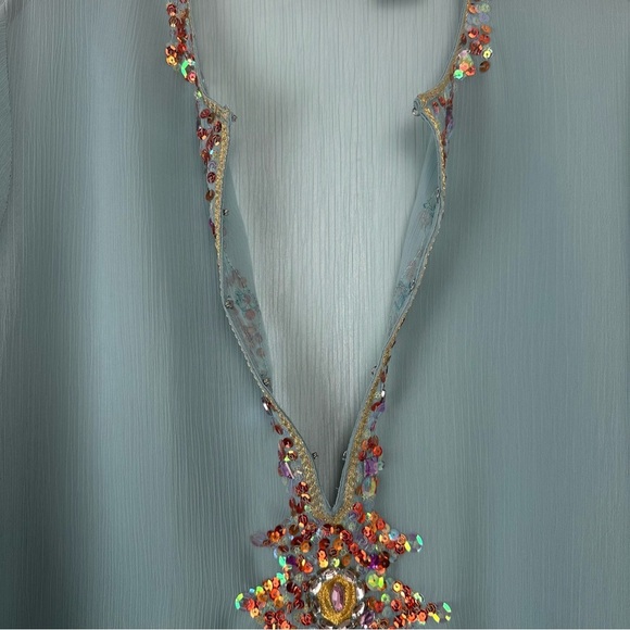 Mix it Petite Women’s Top Size Large Green Sheer Embroidered Sequin Maximalist - Picture 8 of 10